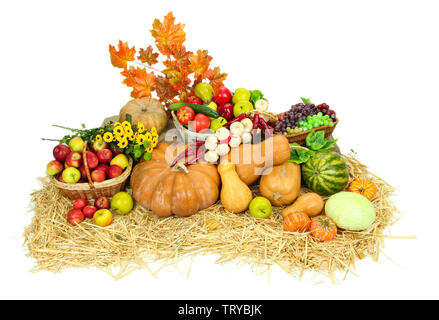 Composizione con frutta e verdura isolato su bianco Foto Stock