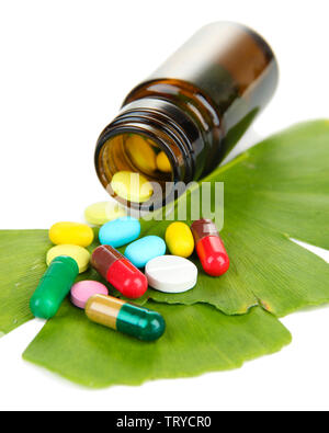 Foglie di Ginkgo biloba e medicina bottiglia con le pillole isolato su bianco Foto Stock