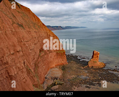 Un mare di pietra arenaria pila in corrispondenza Ladram Bay vicino a Sidmouth, nel Devon. Parte del sud ovest sentiero costiero. Foto Stock