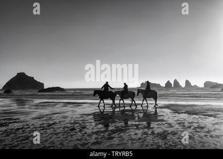 Un gruppo di 3 piloti a cavallo Godetevi il tramonto sulla spiaggia di Bandon. Foto Stock