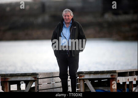 Cane giocando sulla spiaggia di cappella, la Porta Santa Maria, Isola di Man e Isole britanniche Foto Stock