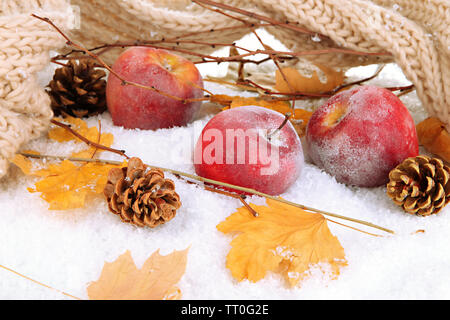 Le mele rosse nella neve close up Foto Stock