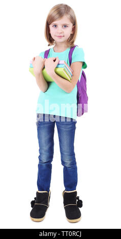 Bellissima bambina con zaino azienda libri isolato su bianco Foto Stock