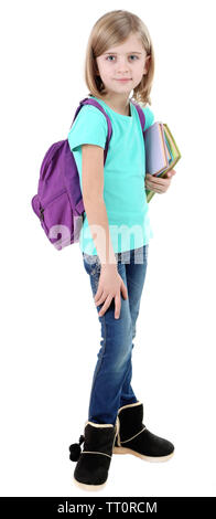 Bellissima bambina con zaino azienda libri isolato su bianco Foto Stock