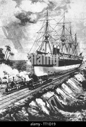 Canale di Panama illustrazione futuristico da Scientific American magazine nel 1884 mostra giant doppio locomotive boilerered tira una nave su una linea ferroviaria attraverso l'istmo di Panama Foto Stock