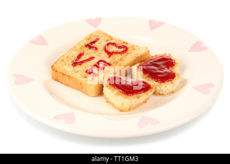 Deliziosi toast con marmellata sulla piastra isolata su bianco Foto Stock