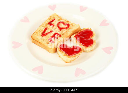 Deliziosi toast con marmellata sulla piastra isolata su bianco Foto Stock