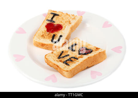 Deliziosi toast con marmellata sulla piastra isolata su bianco Foto Stock