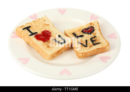 Deliziosi toast con marmellata sulla piastra isolata su bianco Foto Stock