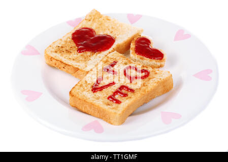 Deliziosi toast con marmellata sulla piastra isolata su bianco Foto Stock