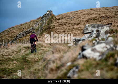 Un uomo che cavalca un touring bike off road nel Parco nazionale di Northumberland. Foto Stock