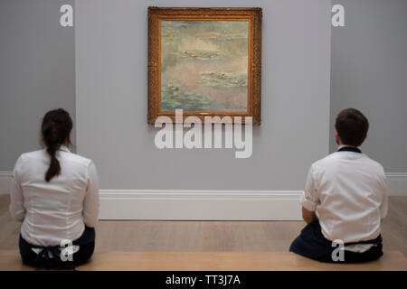 Sotheby's, Londra, Regno Unito. 14 giugno 2019. Impressionismo principali ai moderni stabilimenti Inglesi, alcuni invisibile per decenni sono visualizzati in anteprima per la Sotheby's estate vendita. Immagine: Claude Monet. Nymphéas, 1908 (Waterlilies). Stima £25m-35m. Credito: Malcolm Park/Alamy Live News. Foto Stock