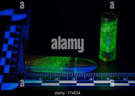 Forensic fluorescente prove di impronte digitali su vivi e morti 0,38 pollici, 9mm, ottone pistola proiettili, come scena del crimine documentazione Foto Stock