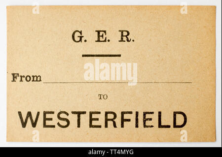 Vintage Great Eastern Railway Etichetta Bagaglio a Westerfield Foto Stock