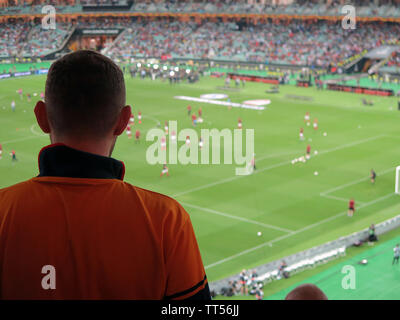 Un arsenale fan guardando i giocatori passo in previsione della UEFA Europa League tra Arsenal e Chelsea. Chelsea infine vinto 4-1 Foto Stock