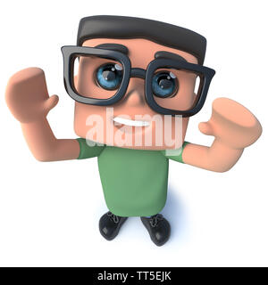 3D render di un simpatico cartoon nerd geek carattere tifo felicemente Foto Stock