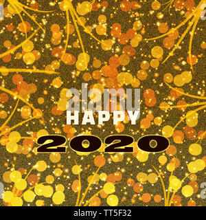 Oro texture astratta sfondo con stelle, scintillanti luci e il testo 'HAPPY 2020'. Square biglietto di auguri per il Natale e il nuovo anno. Foto Stock