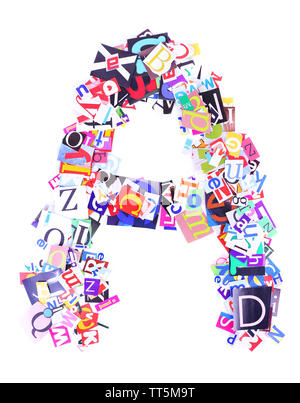 Lettera A fatto di giornale colorati lettere isolato su bianco Foto Stock