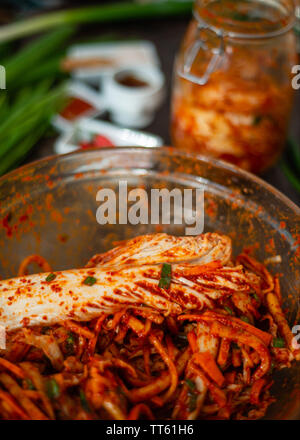 Vari articoli alimentari e di ingredienti per rendere piccante kimchee un sano preferito coreano fermentato condimento. Colorato e delizioso. Foto Stock