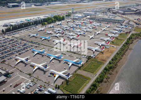 Giugno 2019: Fuoriuscita di Icelandair e Tui Boeing 737 Max aeromobili collegati a terra presso la fabbrica Boeing Field vicino Seattle al parcheggio per dipendenti, WA, USA Foto Stock
