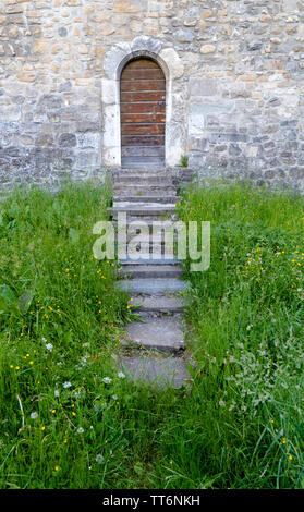 Ingresso segreto in una cinta muraria medievale con pietra ripide che portano fino ad esso tramite gli alti erba verde Foto Stock