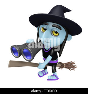 3D render di un simpatico cartoon Halloween strega battenti sul manico e utilizzando un paio di binocoli Foto Stock