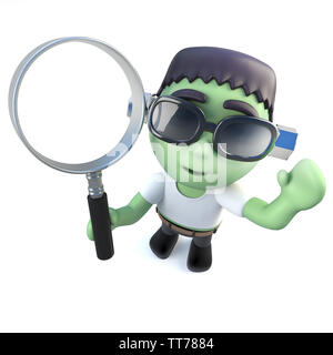 3D render di un simpatico cartoon mostro di Frankenstein in possesso di una lente di ingrandimento Foto Stock