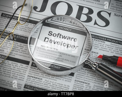 Software Developer posto vacante in un annuncio di ricerca di lavoro quotidiano con lente di ingrandimento. 3d illustrazione Foto Stock