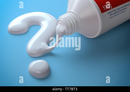 Il dentifricio a forma di punto interrogativo che esce dal tubo di dentifricio. La spazzolatura dei denti concetto dentale. 3d illustrazione Foto Stock