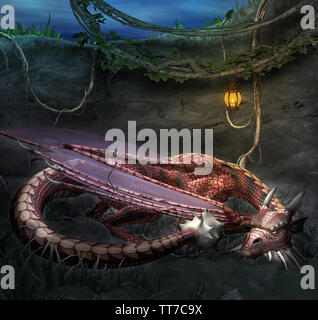 Dragon dormire in una grotta illuminata da una lanterna Foto Stock
