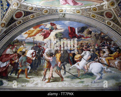 Un dipinto sulla pittura o affresco, Incontro di Leone Magno con Attila (1511-1513) il Museo Vaticano interni, Roma, Italia. Foto Stock