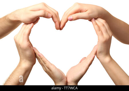 Cuore formata da maschio e femmina isolato mani su bianco Foto Stock