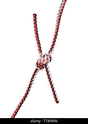 Un altro lato di Hunter's bend knot legato sulla corda sintetica ritagliata su sfondo bianco Foto Stock