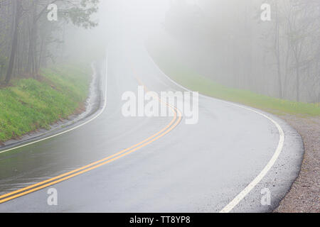 Inquadratura orizzontale di nebbia che copre un incurvamento Smoky Mountain Road con copia spazio. Foto Stock