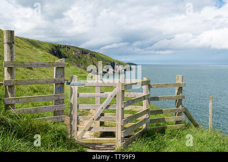 Il sentiero costiero presso la pittoresca baia di Mwnt in Ceredigion, Galles Foto Stock