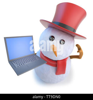 3D render di un simpatico cartoon pupazzo di neve indossando un cappello a cilindro e in possesso di un computer portatile Foto Stock