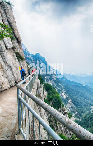 Agosto 16, 2015. Montare canzone, Cina. Il listone sanhuang modo fissata al lato della scogliera sul Monte brano nella Provincia di Henan in Cina. Foto Stock