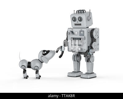 3D rendering robot giocattolo di stagno con il cane robot su sfondo bianco Foto Stock