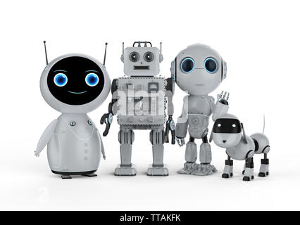 3D rendering gruppo di robot amichevole su sfondo bianco Foto Stock