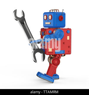 Ingegnere di concetto di robot con 3D rendering robot giocattolo di stagno con una chiave Foto Stock