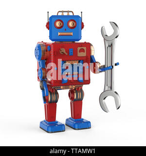 Ingegnere di concetto di robot con 3D rendering robot giocattolo di stagno con una chiave Foto Stock