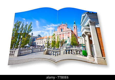 Il famoso 'Ponte triplo' su Lubiana (Slovenia - Europa) - Le persone non sono riconoscibili. 3D render di un aperto photo book isolato su bianco - sto t Foto Stock