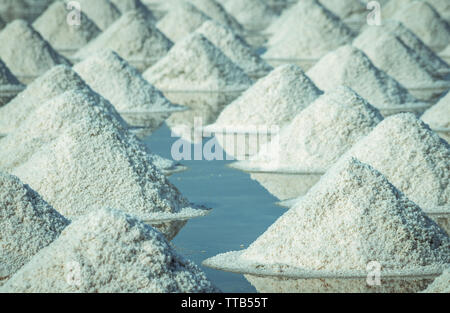 Il sale di mare fattoria in Thailandia. Organici di sale marino. Evaporazione e cristallizzazione di acqua di mare. Il materiale grezzo di sale industriale. Il cloruro di sodio. Energia solare Foto Stock