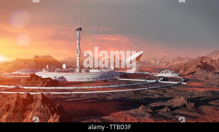 Stazione sulla superficie di Marte, prima colonia marziana nel deserto paesaggio sul pianeta rosso (spazio 3d'illustrazione) Foto Stock
