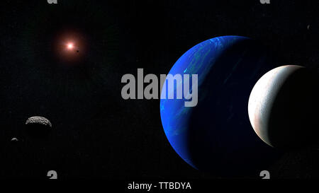 Pianeta Nettuno con il suo luna Triton e alcune altre lune (spazio 3D rendering, elementi di questa immagine sono arredate dalla NASA) Foto Stock