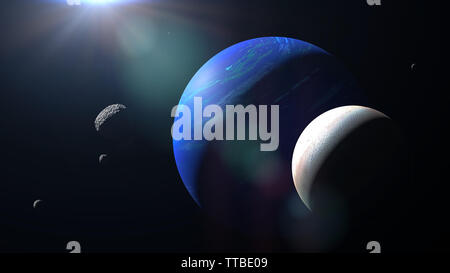 Pianeta Nettuno con il suo luna Triton e alcune altre lune (spazio 3D rendering, elementi di questa immagine sono arredate dalla NASA) Foto Stock