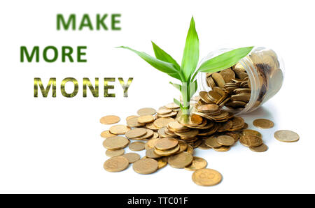 Pianta che cresce in monete sparse dalla bottiglia Foto Stock