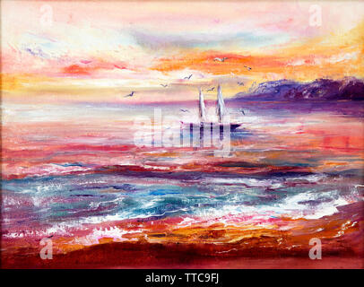 Riassunto originale dipinto a olio di barca da pesca e mare su tela.Ricca Golden e purpureo tramonto sull'oceano.Impressionismo moderno Foto Stock