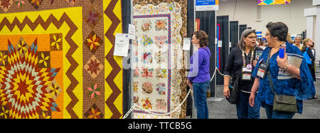 Quilters femmina trapunte di visualizzazione sul display a molla mostrano Quilt 2019 Paducah Kentucky negli Stati Uniti Foto Stock