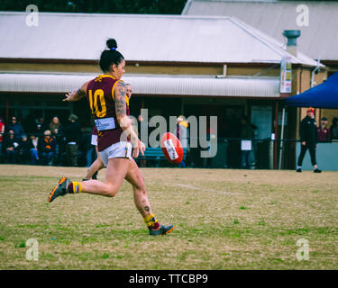 Hallam, VIC, Australia. Il 15 giugno 2019. Lyndale Puma n. 10 tenuto un lungo kick down verso l'avanti 50 durante la cerimonia inaugurale Paul Thomas Cup. Foto Stock